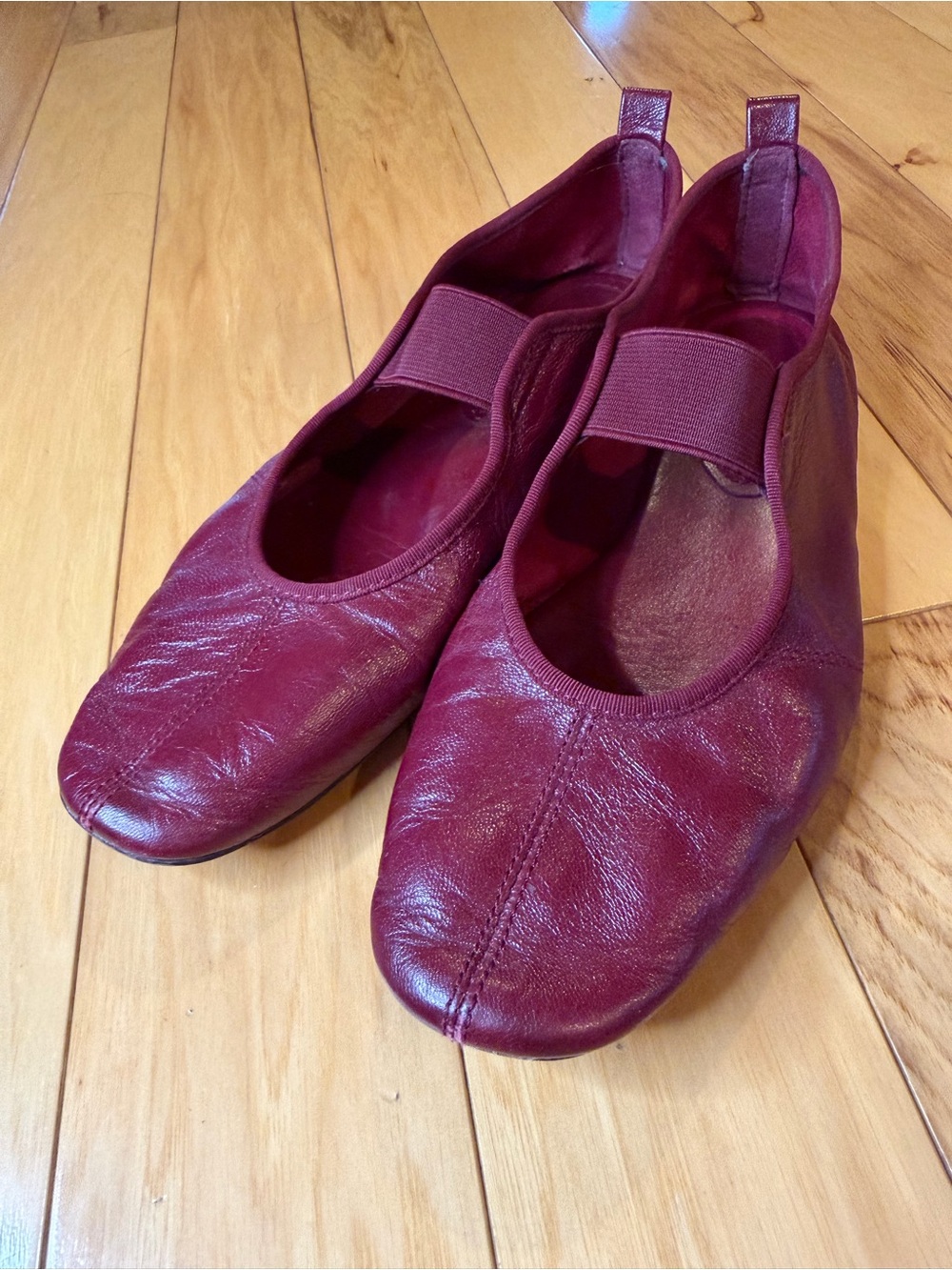 Zara Wine Red Leather Ballet Flats with Elastic Crossover Strap - Picture 11 of 11